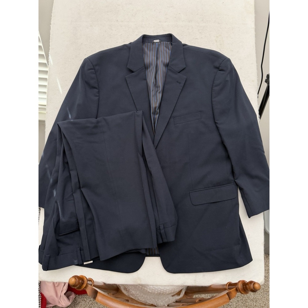 GS Suit Men's 50R Pants 46x27 Blue Wool‎ Navy Pleated 2P Adjustable Pants CLEAN